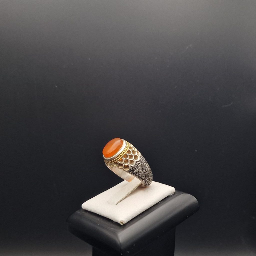 Orange Yemeni Aqeeq Ring – Hand-Engraved Floral Silverwork