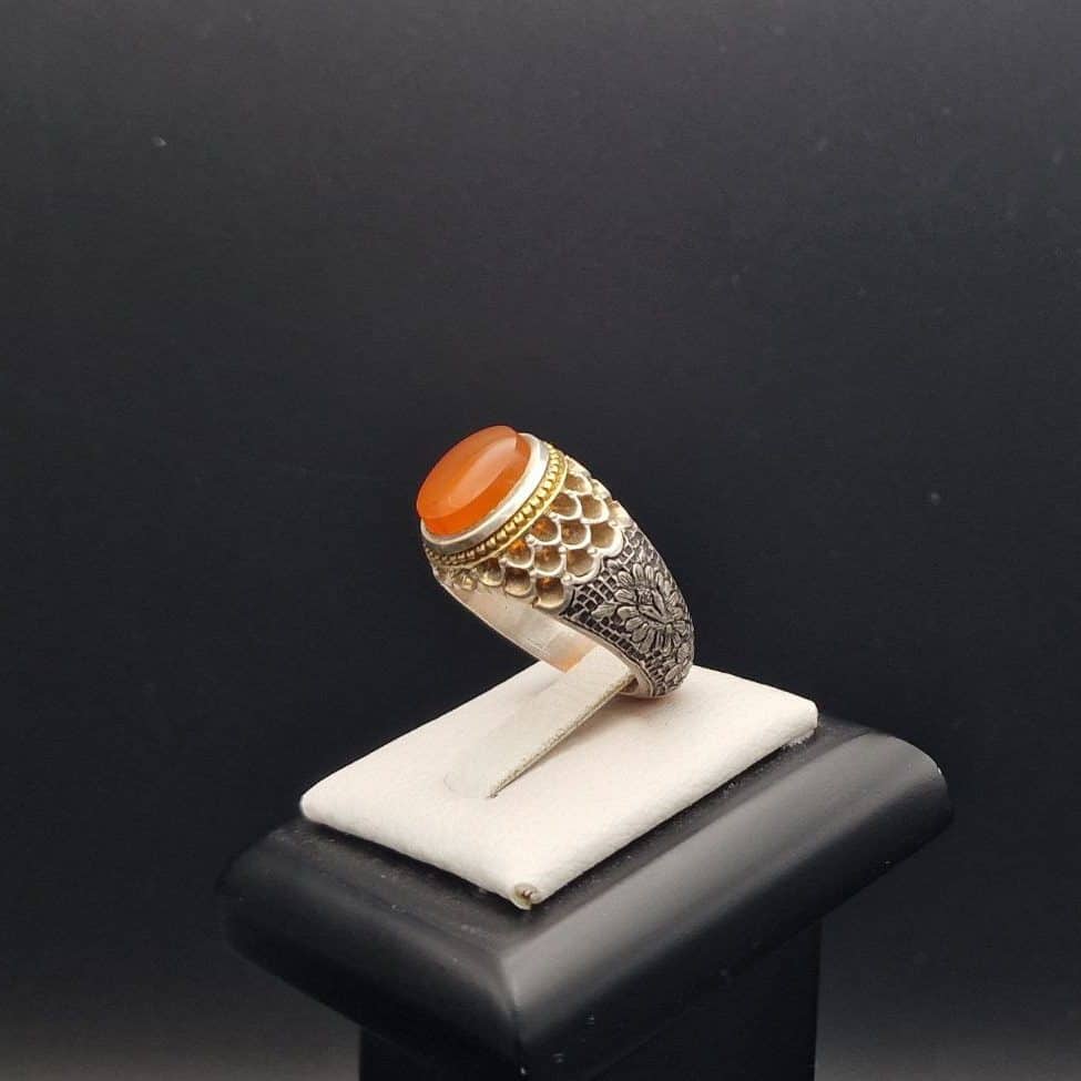 Orange Yemeni Aqeeq Ring – Hand-Engraved Floral Silverwork